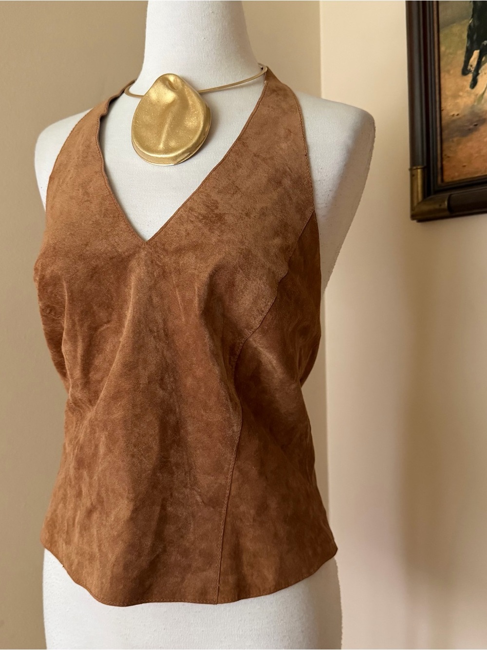 Siena Studio Genuine Leather V-Neck Halter Tank Top - Brown Tan